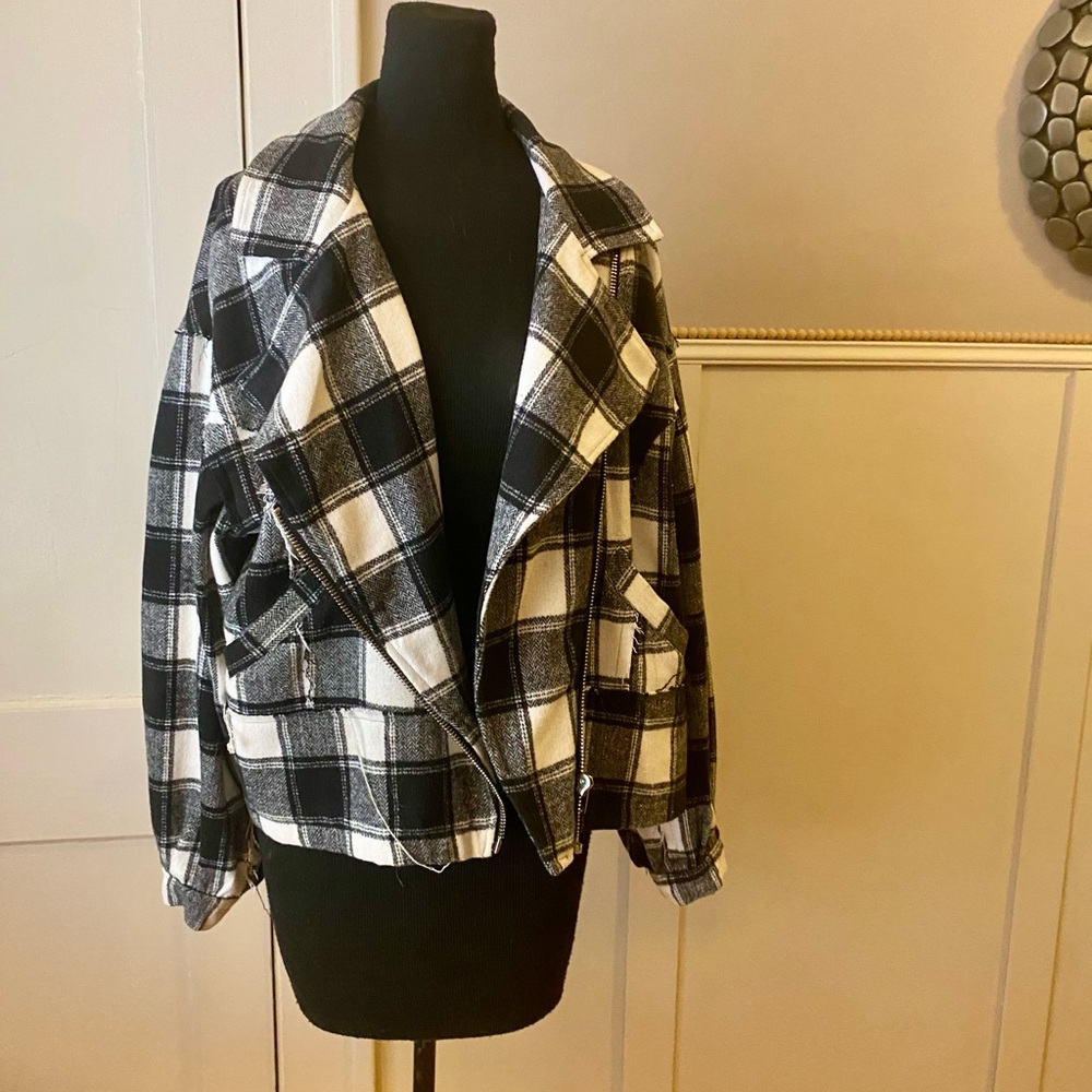 Plaid Flannel Black and White Women's  Moto Jacket